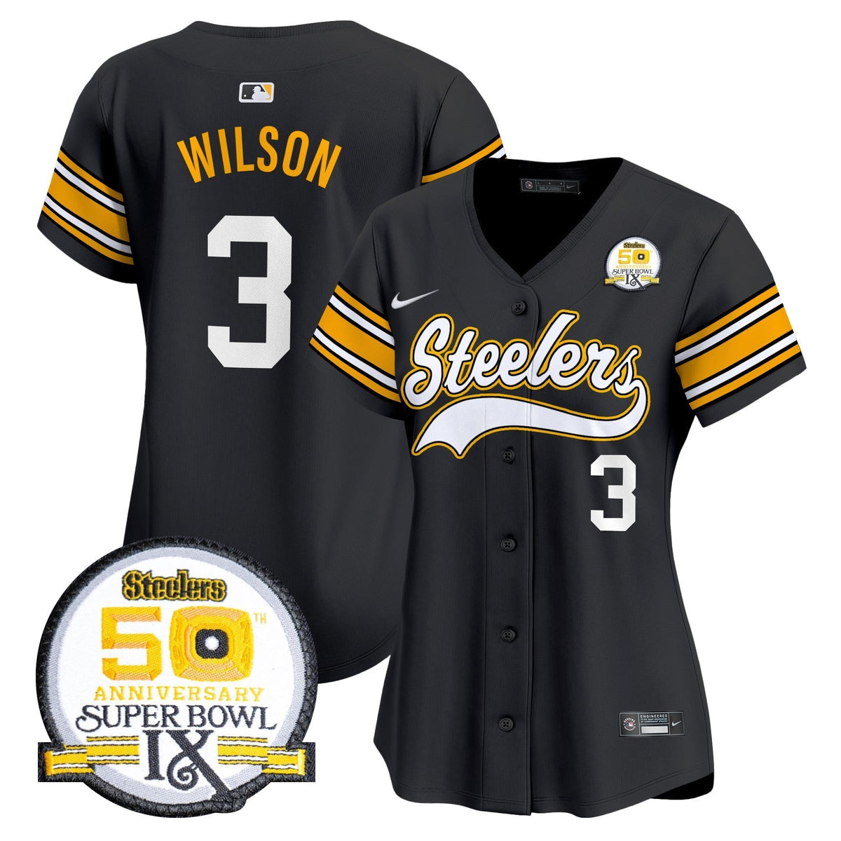 Women's Steelers 50th Anniversary Of Super Bowl IX Patch Vapor Premier Baseball Jersey - Stitched-NQD