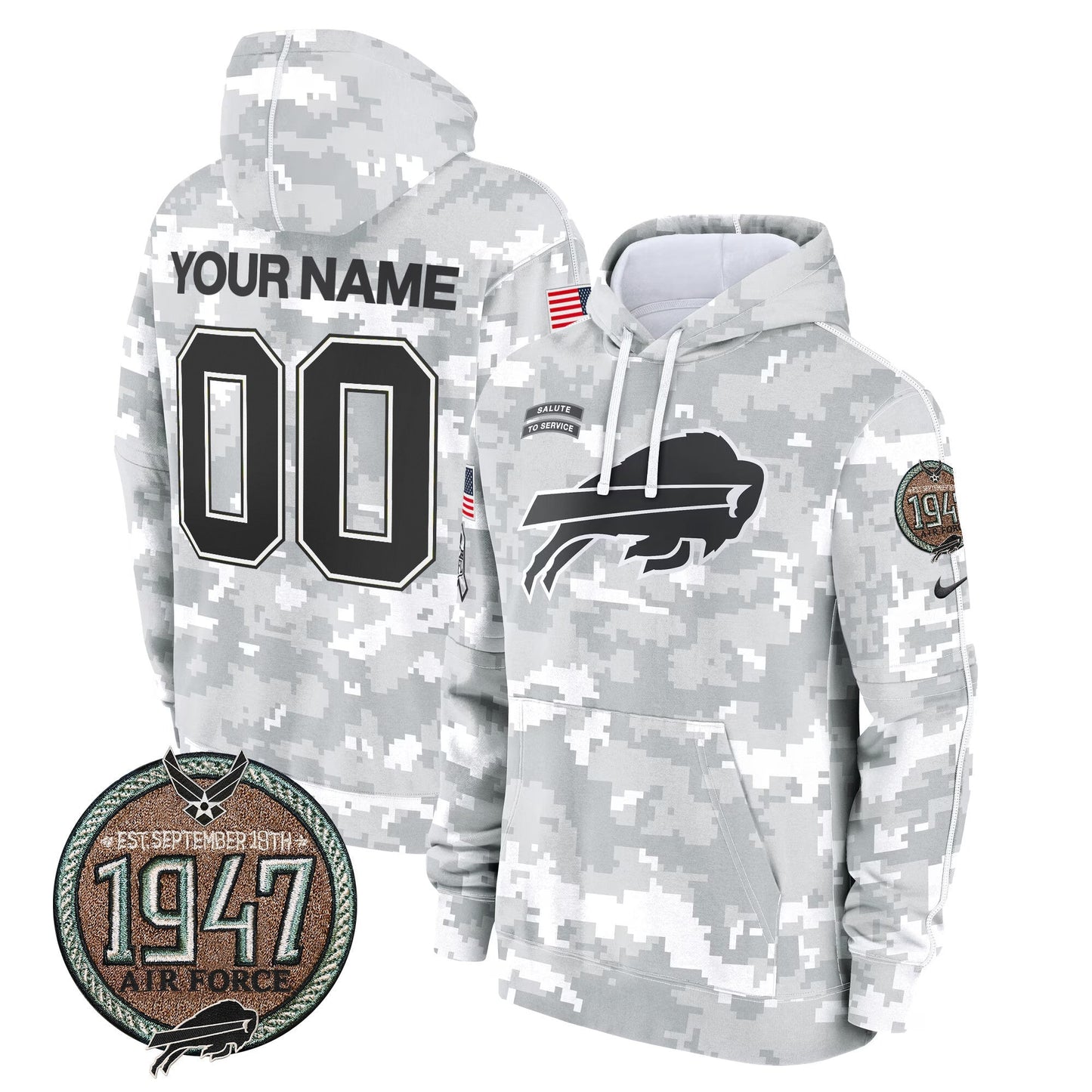 BUF 2024 Salute to Service Establishment Year Patch Custom Fleece Pullover Hoodie-NQD