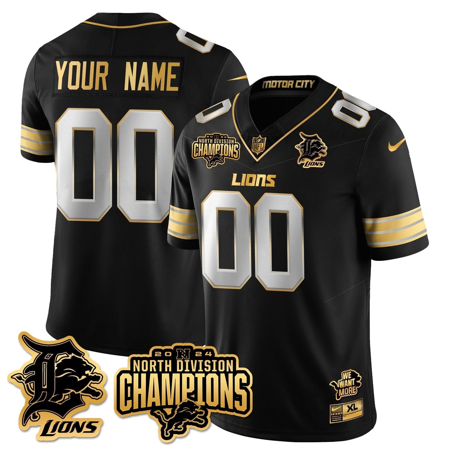 Custom Gender/Name DET 2024 NFC North Champions Gold Jersey N2 - Stitched-NQD