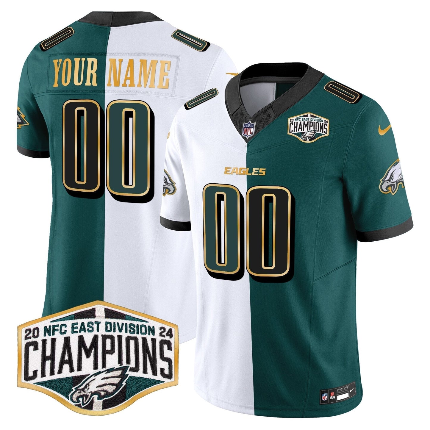 Eagles 2024 NFC East Division Champions Gold Trim Vapor Limited Custom Jersey - Stitched-NQD