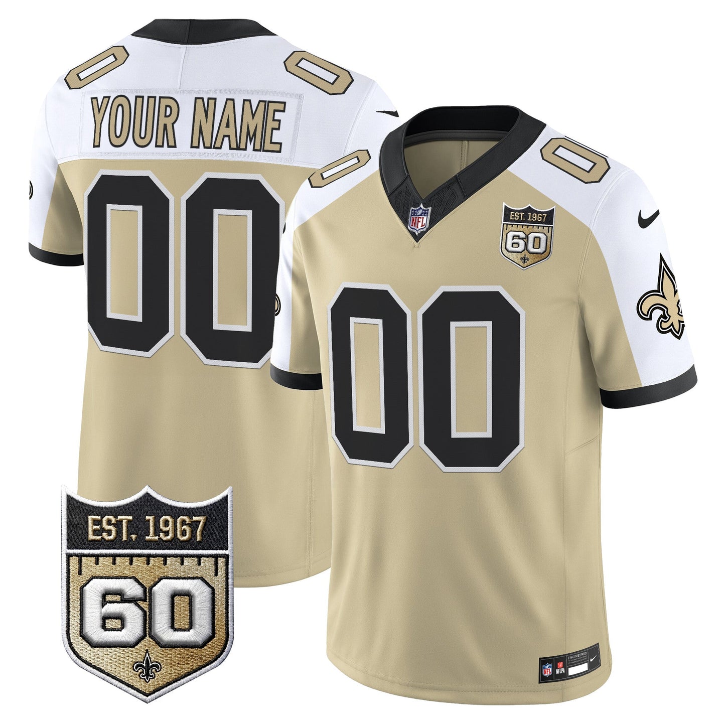 New Orleans Saints 60th Anniversary Patch Vapor Custom Jersey - Gameday Golds Edition - All Stitched