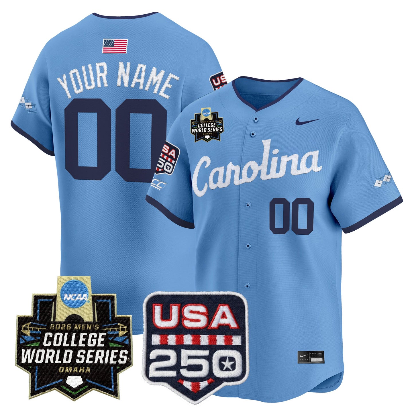 North Carolina Tar Heels 2026 World Series Vapor Premier Limited Custom Jersey - 250 America Patch - All Stitched
