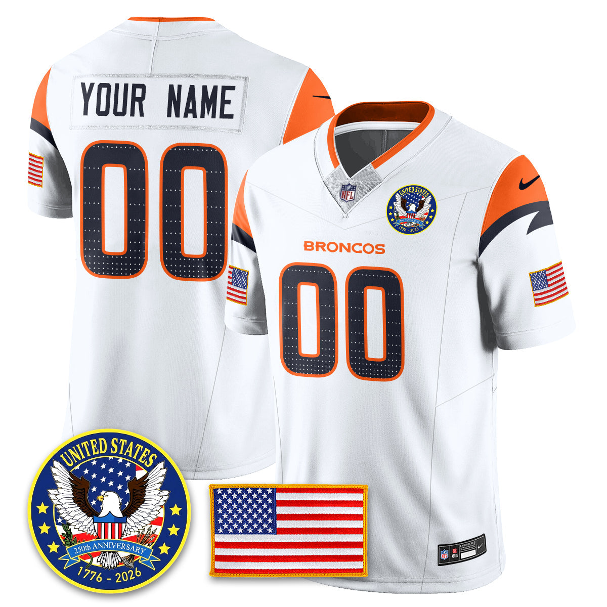 Custom Denver Broncos "United States 250th Anniversary Patch" Vapor Limited Jersey - All Stitched