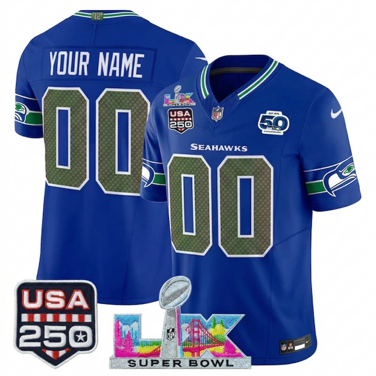 SEA "Super Bowl LX & United States 250th Anniversary Patch" Vapor Limited Custom Jersey - Stitched-NQD