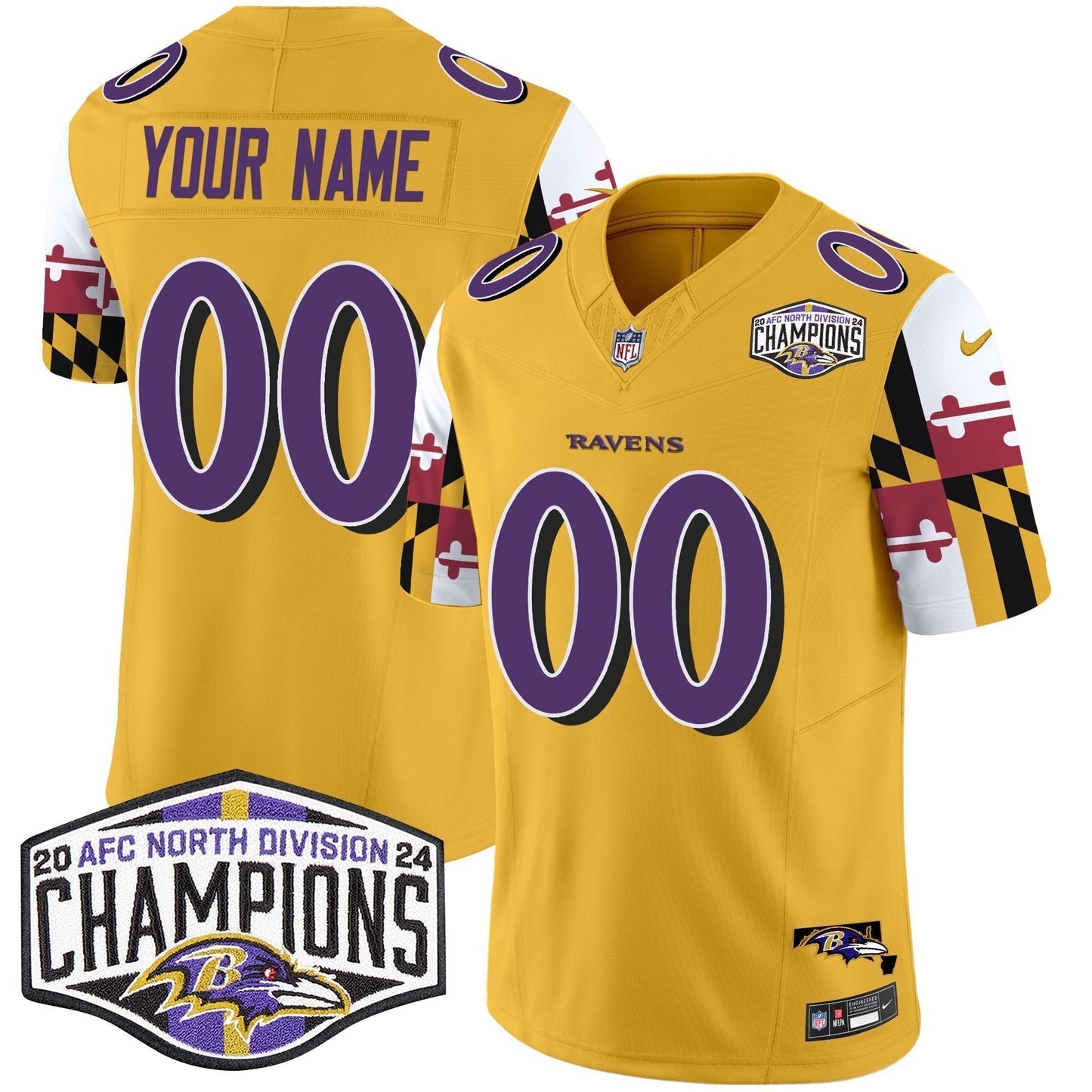 Ravens Maryland Flag 2024 AFC North Division Champions Patch Vapor Limited Custom Jersey - Stitched-NQD