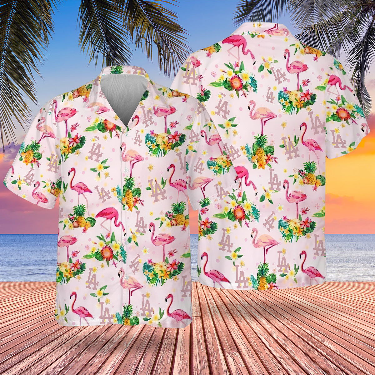 LAD Flamingo Hawaiian Design Button Shirt-NQD