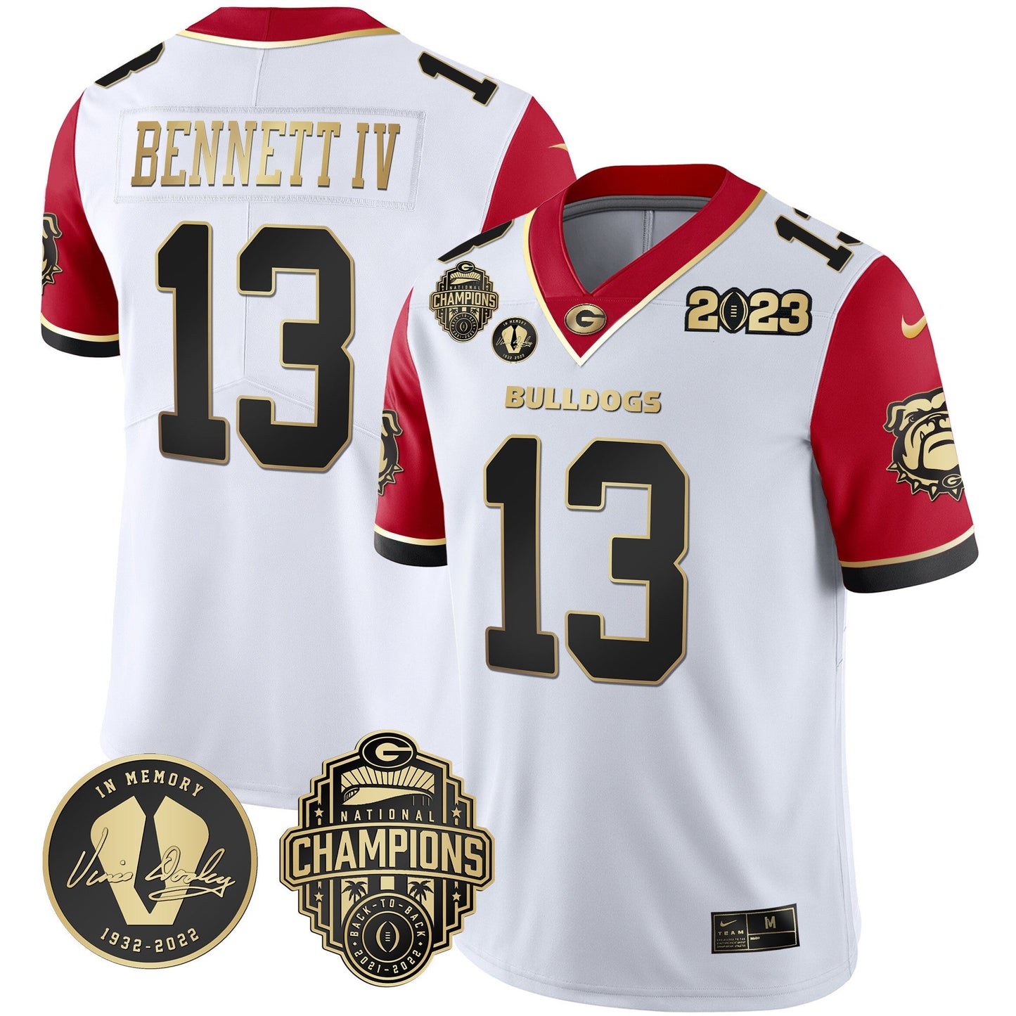 Men's Georgia Bulldogs 2023 Champions & Vince Dooley Patch Gold Jersey - All Stitched