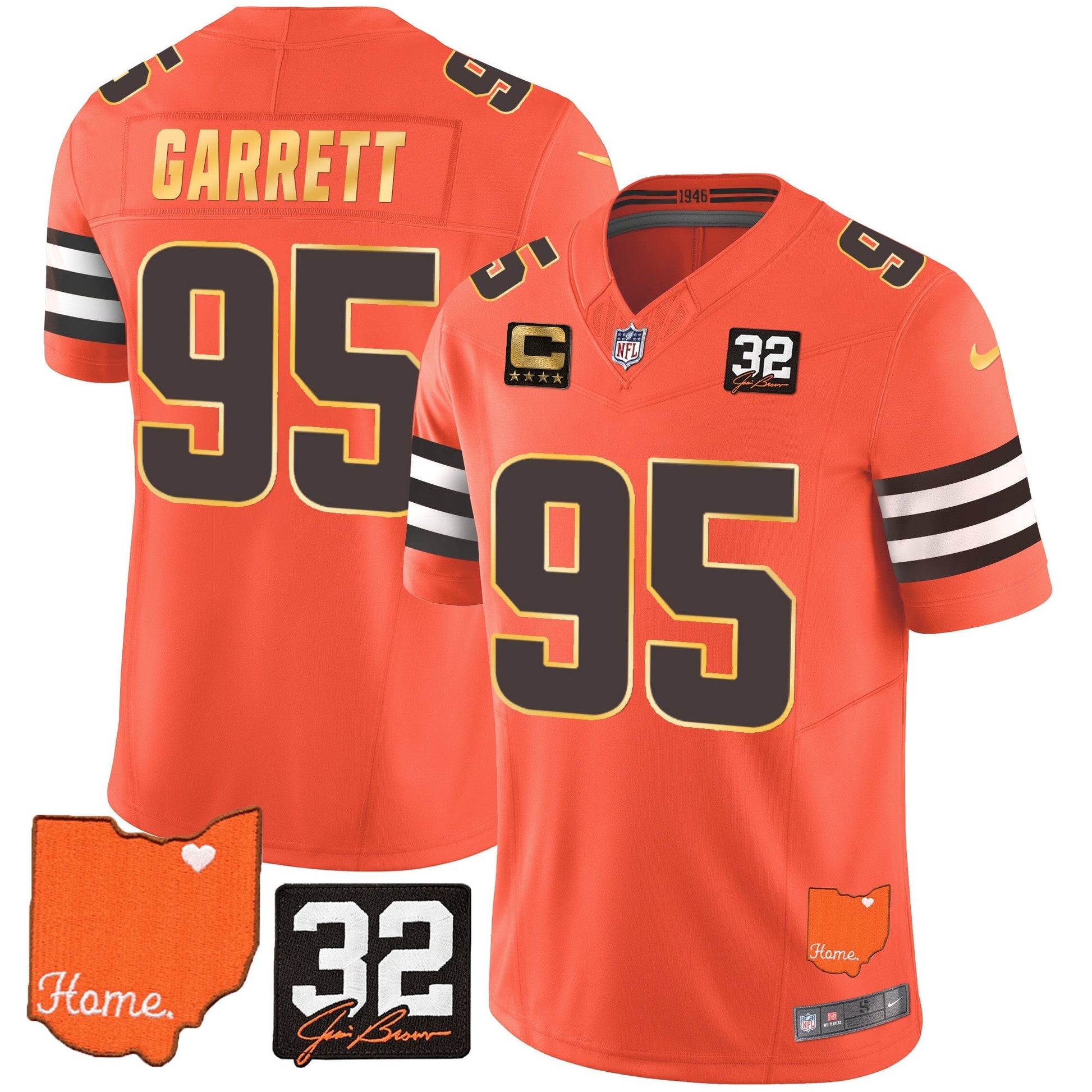 Men's Browns #32 Jim Brown Memorial & Home Patch Gold Trim Jersey - All Stitched
