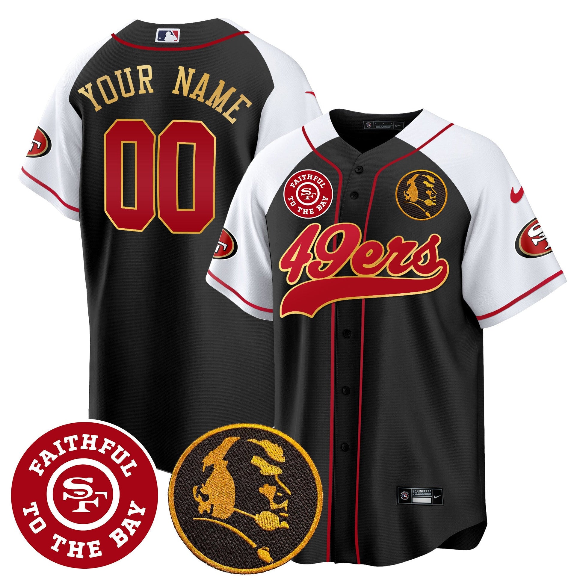 49ers Faithful & John Madden Patch Baseball Gold Trim Custom Jersey - All Stitched