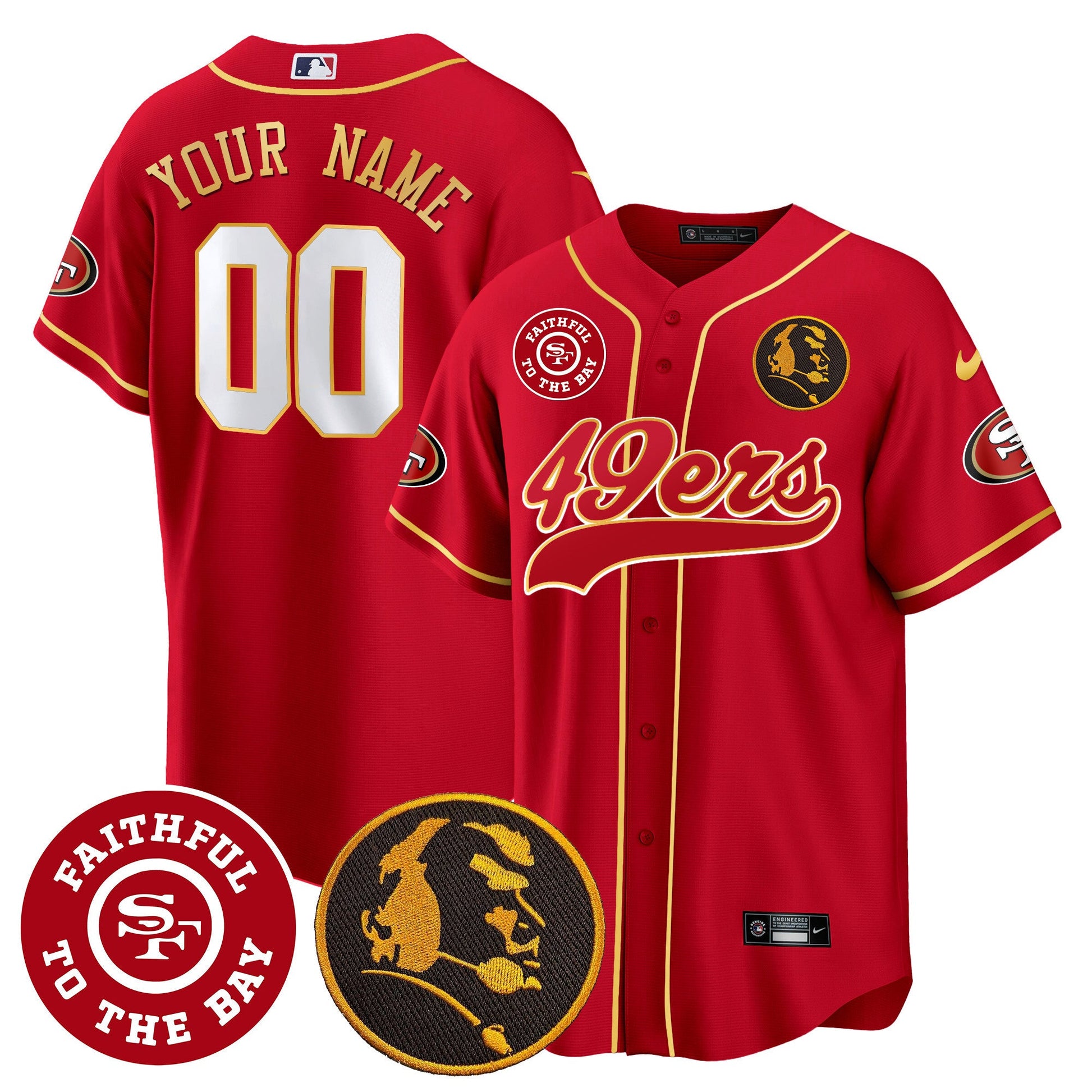 49ers Faithful & John Madden Patch Baseball Gold Trim Custom Jersey - All Stitched