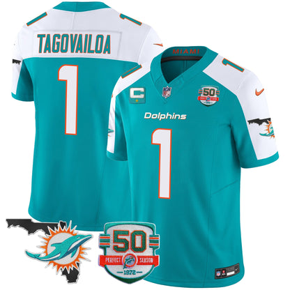 Men's Dolphins 50th Perfect Season & Florida Patch Vapor Jersey - All Stitched