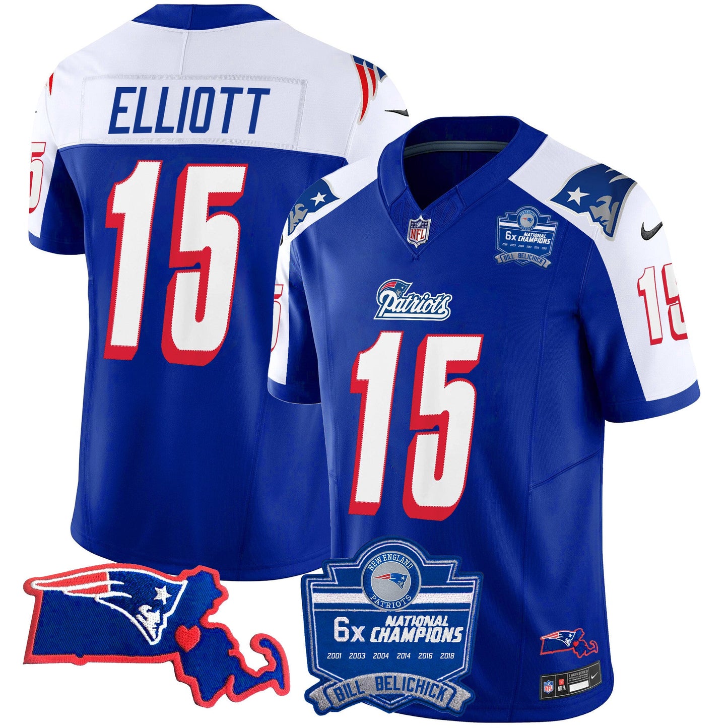 Men's Patriots Bill Belichick 6x Champions Patch Vapor Jersey - All Stitched