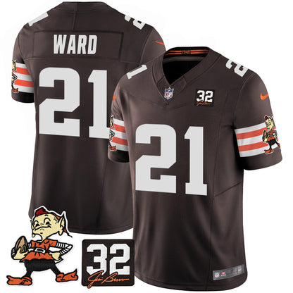 Men's Browns #32 Jim Brown Memorial Patch Vapor Limited Jersey V2 - All Stitched