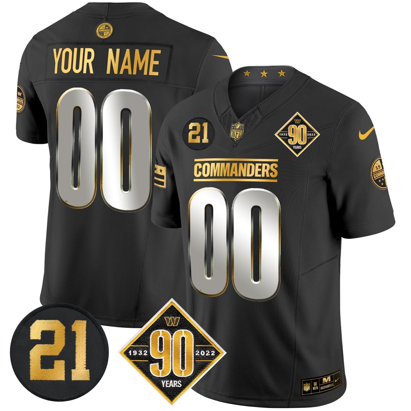 Washington Commanders 90th & Sean Taylor Patch Gold Vapor Limited Custom Jersey - All Stitched