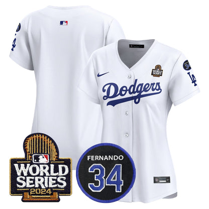 Women's Dodgers Fernando Memorial & 2024 World Series Patch Vapor Premier Limited Jersey V2 - All Stitched