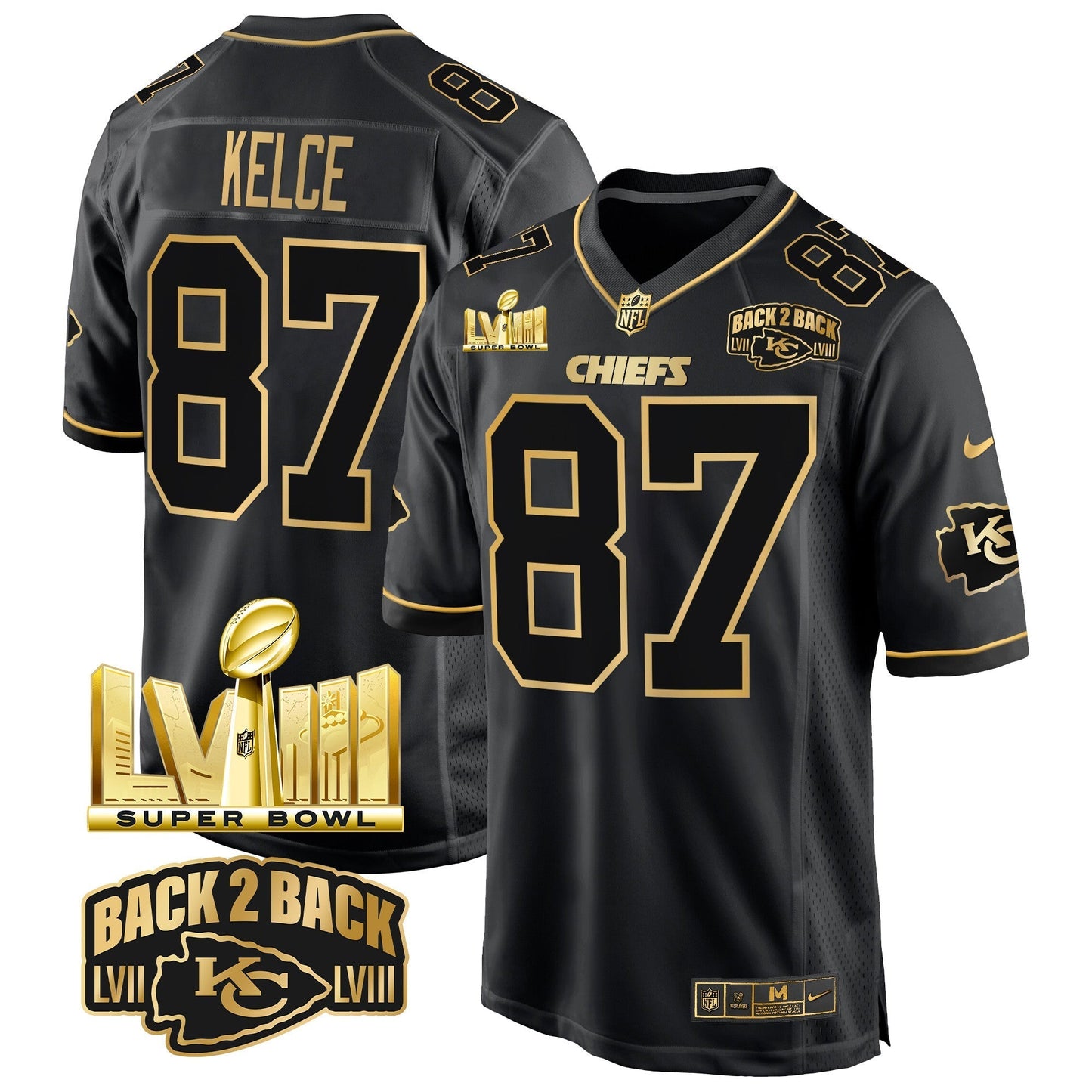 Chiefs Super Bowl LVIII & Back 2 Back Gold Game Jersey - All Stitched
