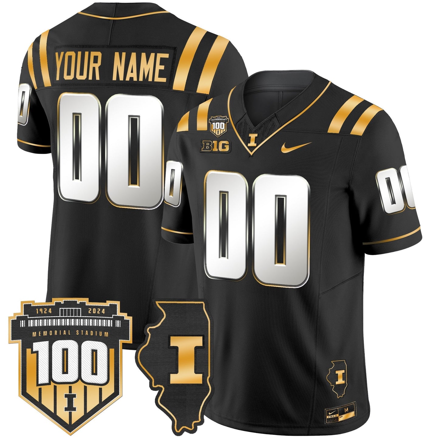 ILL 100th Memorial Stadium Patch Gold Vapor Limited Custom Jersey - All Stitched