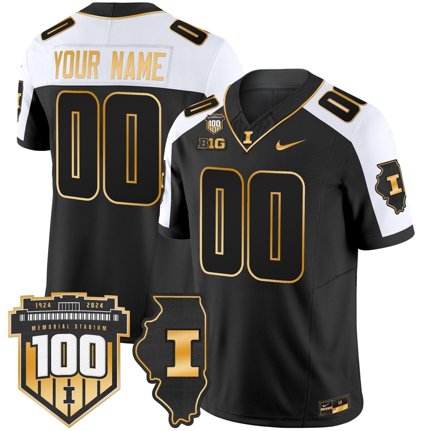 ILL 100th Memorial Stadium Patch Gold Vapor Limited Custom Jersey - All Stitched