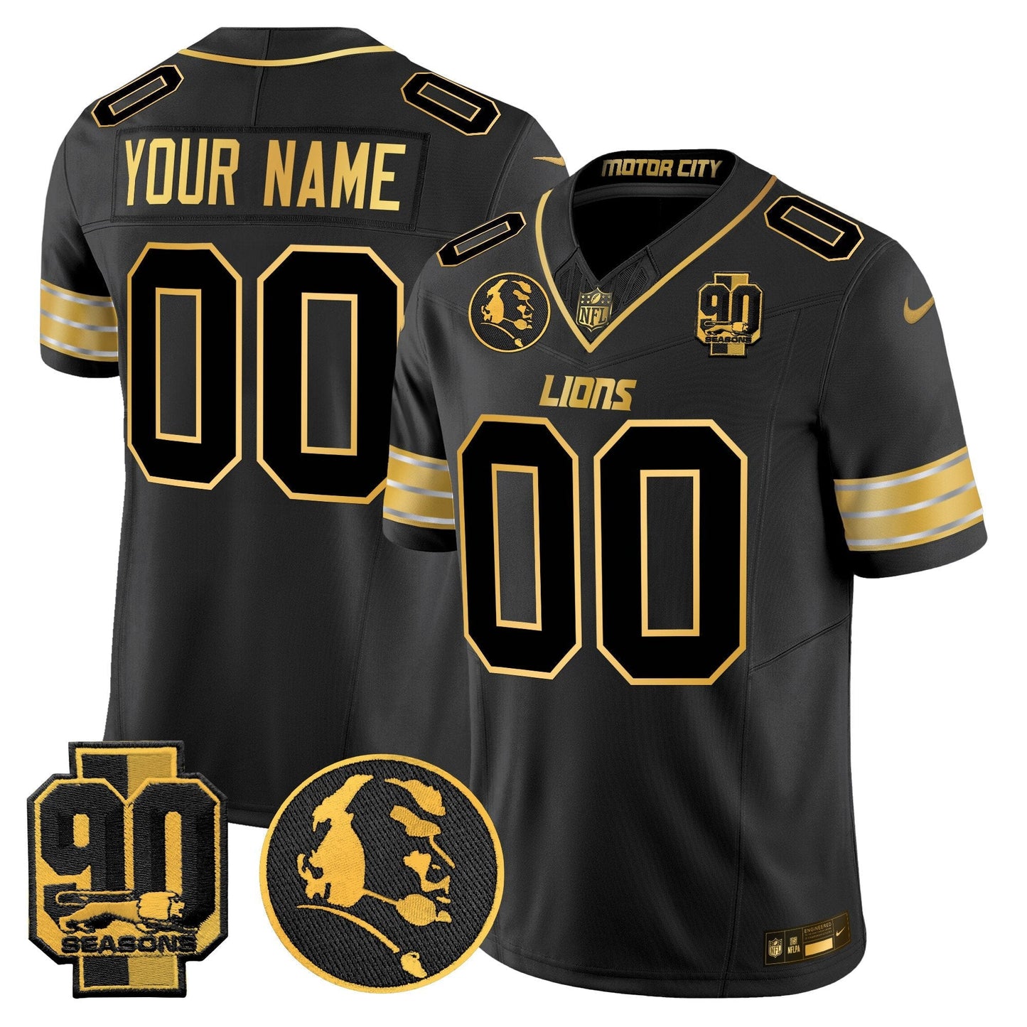 Detroit Lions 2024 90th & John Madden Patch Gold Vapor Limited Custom Jersey - All Stitched