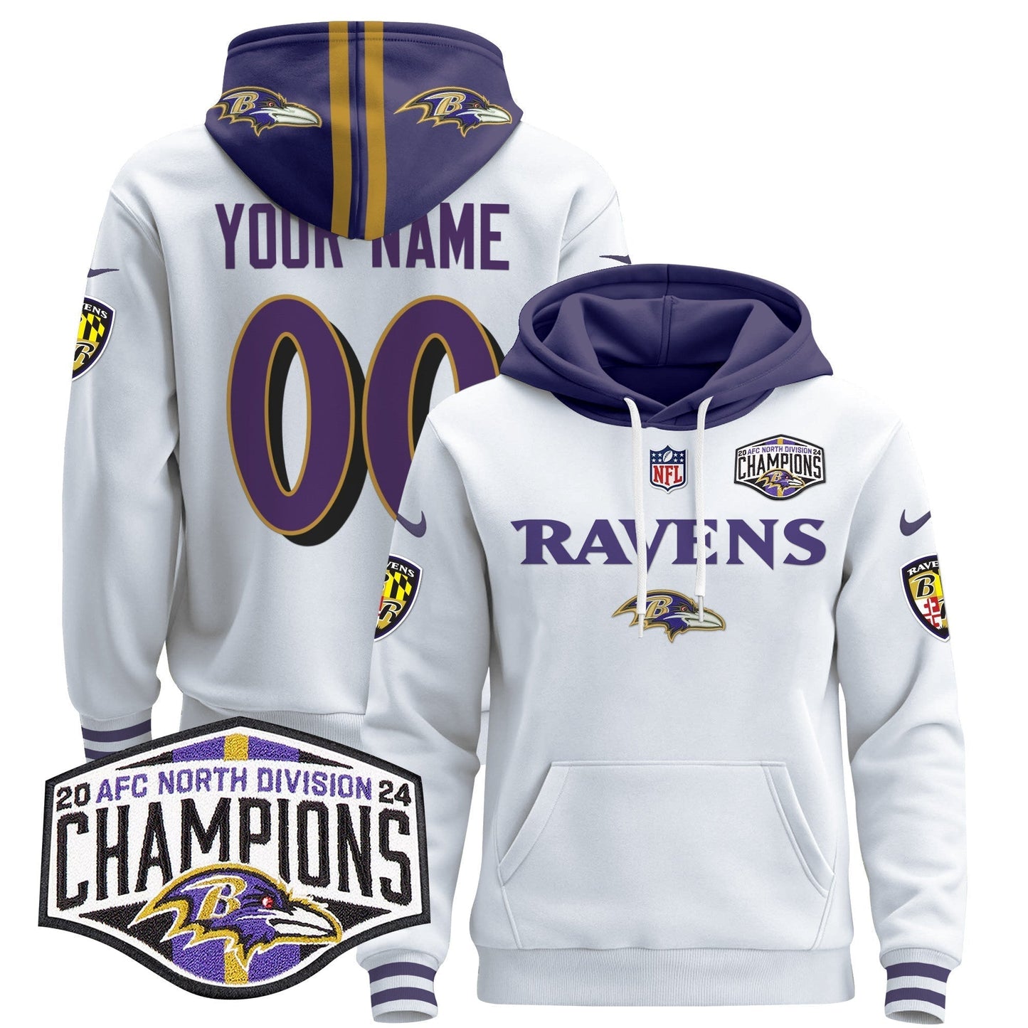 BAL 2024 AFC North Division Champions Patch Custom Pullover Hoodie - All Stitched