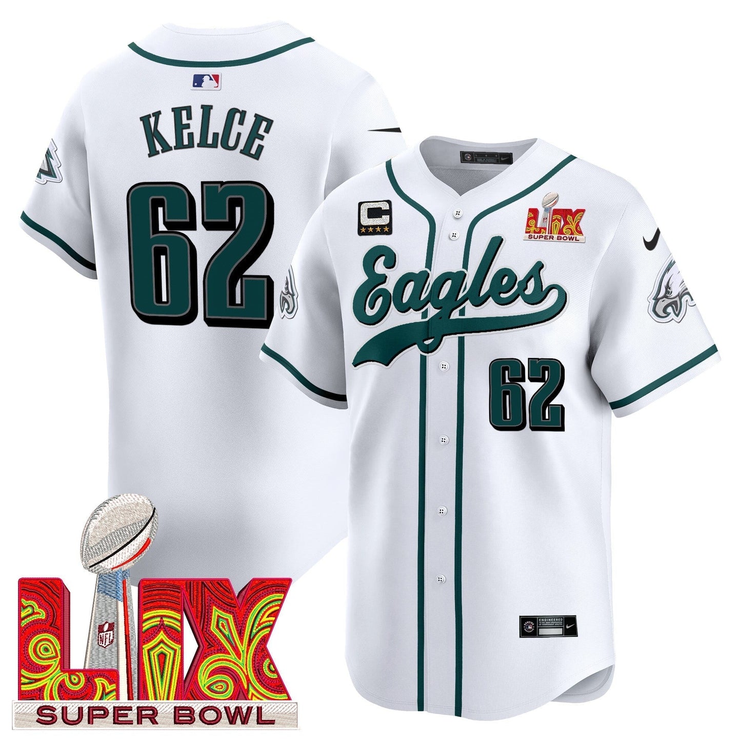 PHI Midnight Green Super Bowl LIX Vapor Baseball Jersey - All Stitched