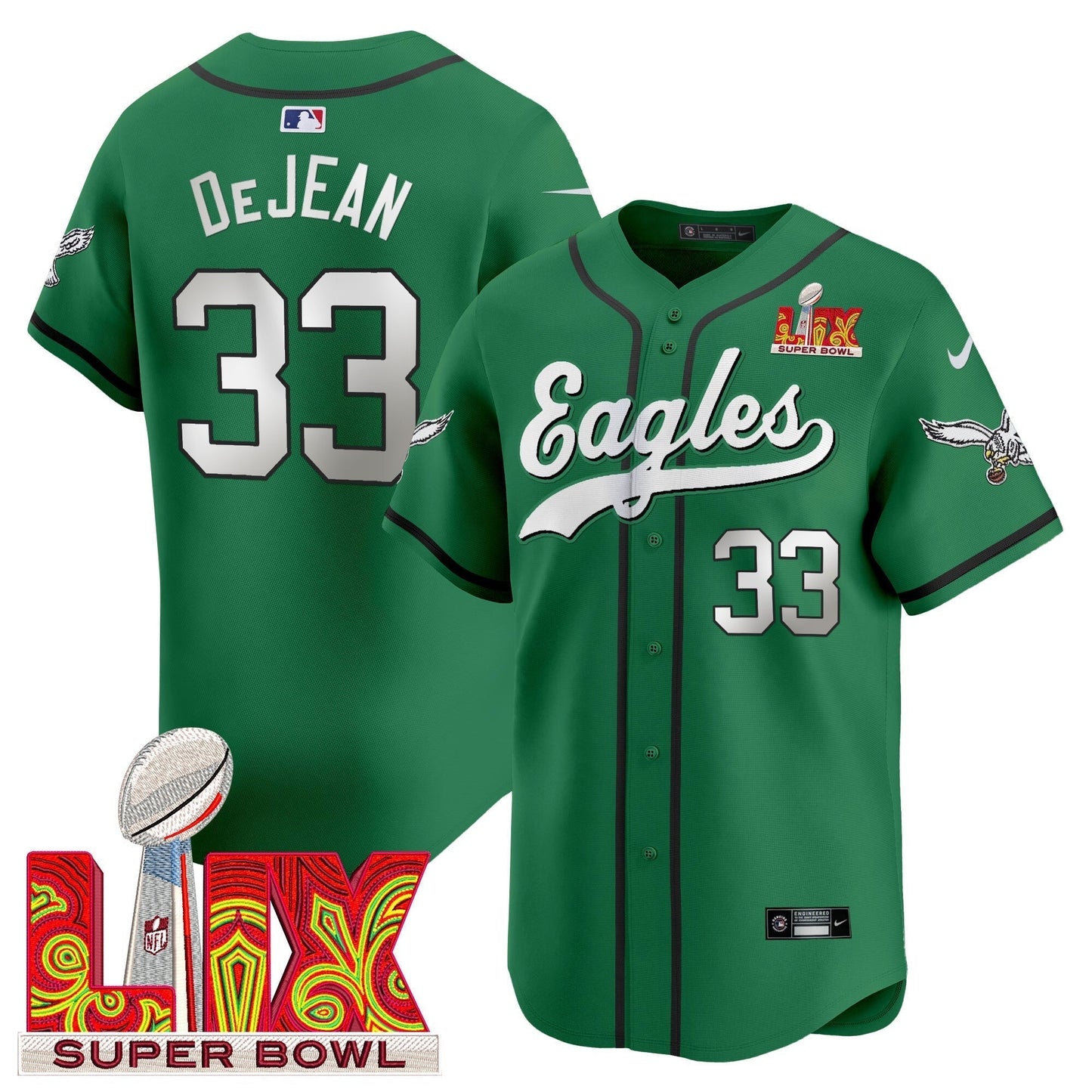 PHI Midnight Green Super Bowl LIX Vapor Baseball Jersey - All Stitched