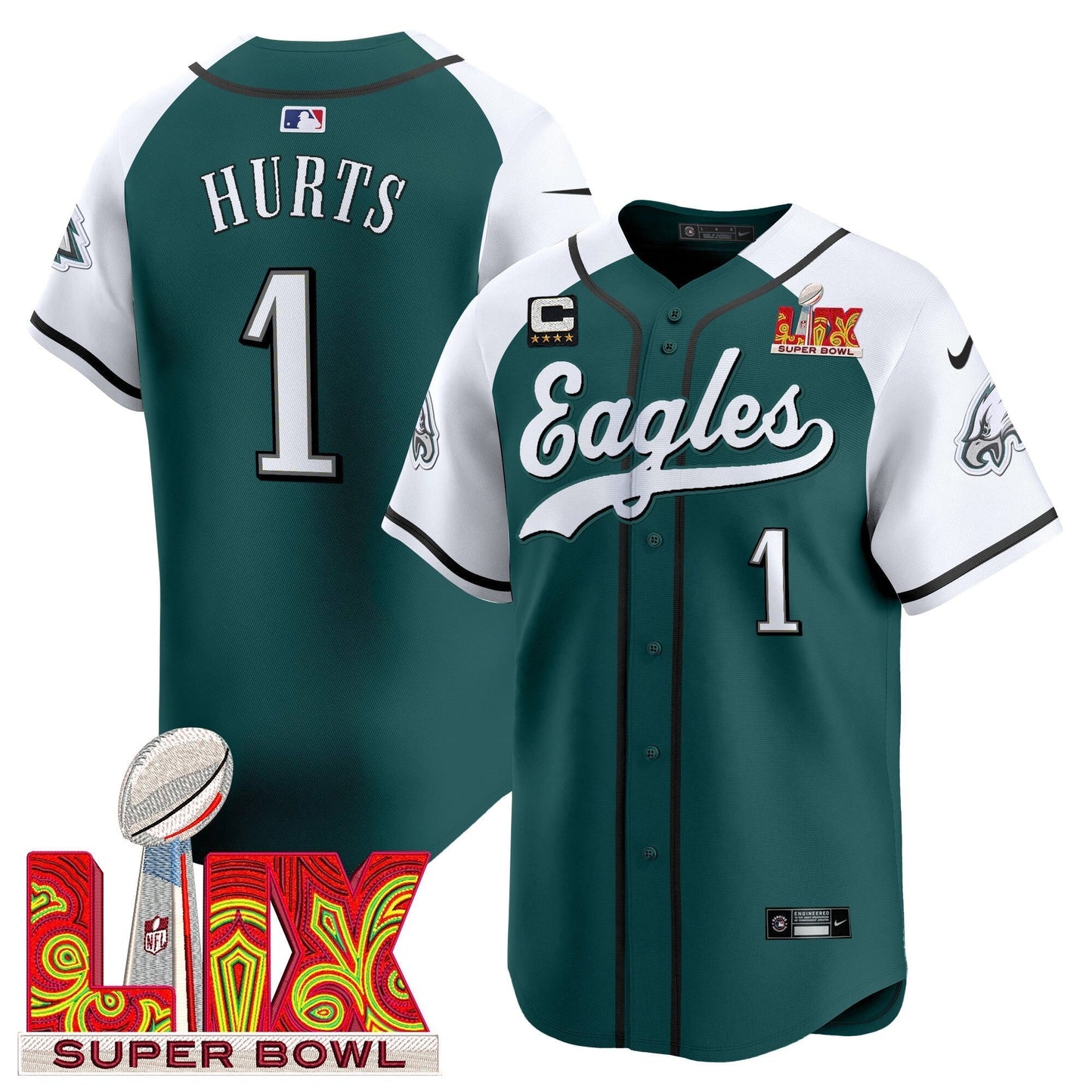 PHI Midnight Green Super Bowl LIX Vapor Baseball Jersey - All Stitched