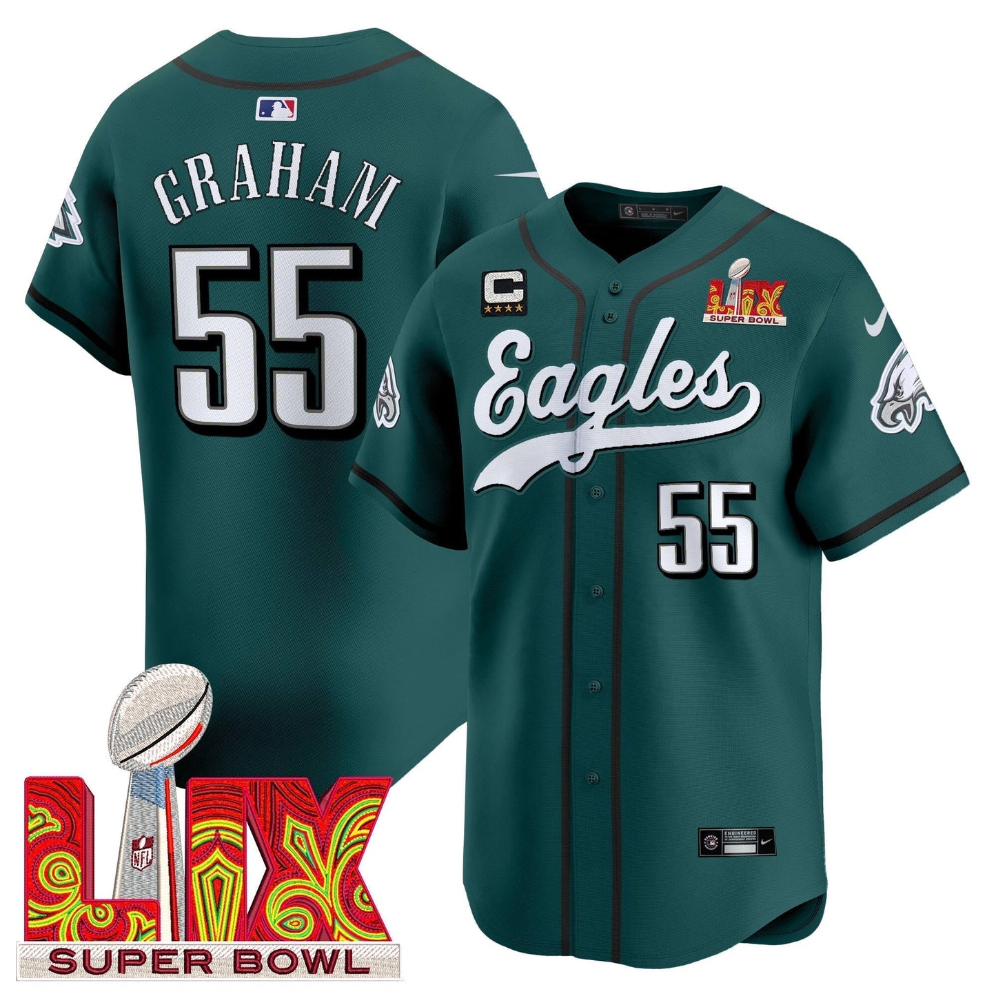 PHI Midnight Green Super Bowl LIX Vapor Baseball Jersey - All Stitched