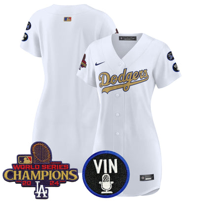 Women's Dodgers 2025 Vin Scully & #34 Fernando Patch Gold Baseball Dress - All Stitched