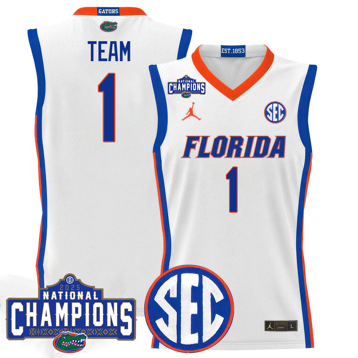 Men's Florida Gators 2025 National Champions Basketball Jersey N1 - All Stitched