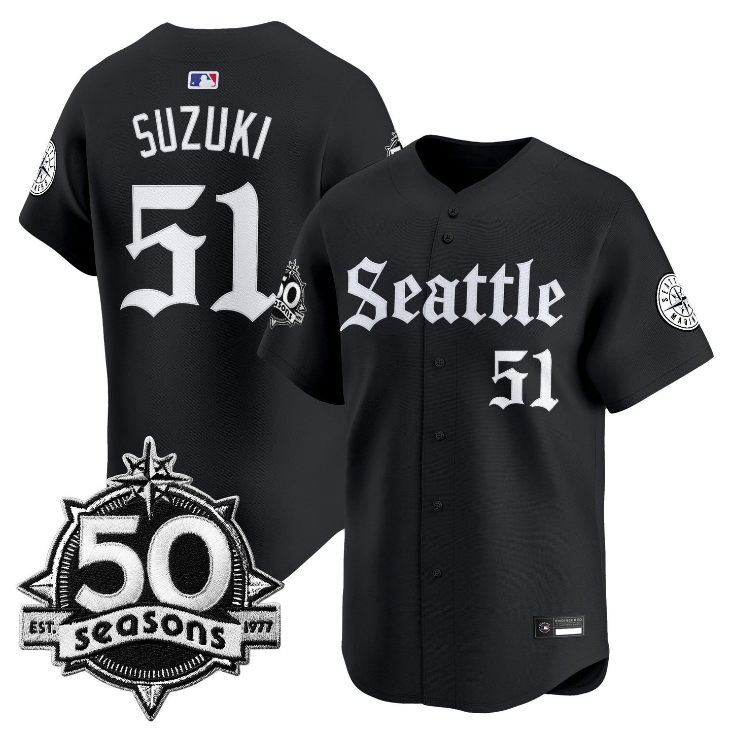 Men's Seattle Mariners 50 Seasons Patch Vapor Premier Limited Jersey - Gothic Edition - All Stitched
