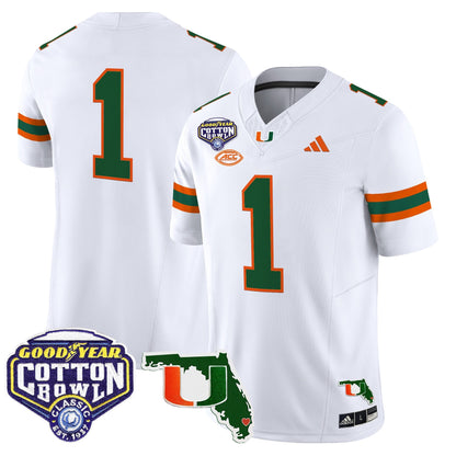 Men's Miami Hurricanes 2025 Cotton Bowl & Florida Patch Vapor Limited Jersey - All Stitched