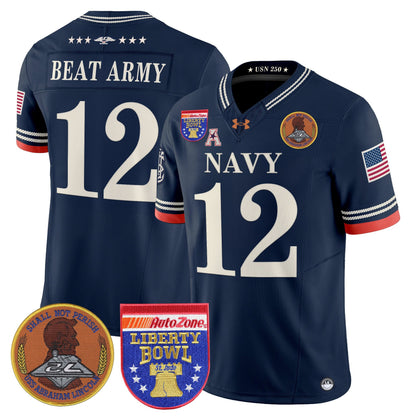 Men's Navy Midshipmen 250th Anniversary Vapor Limited Jersey - 2026 Liberty Bowl Patch - Stitched