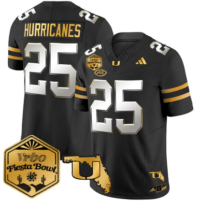 Men's Miami Hurricanes 2026 The Fiesta Bowl & Florida Patch Gold Vapor Limited Jersey - All Stitched