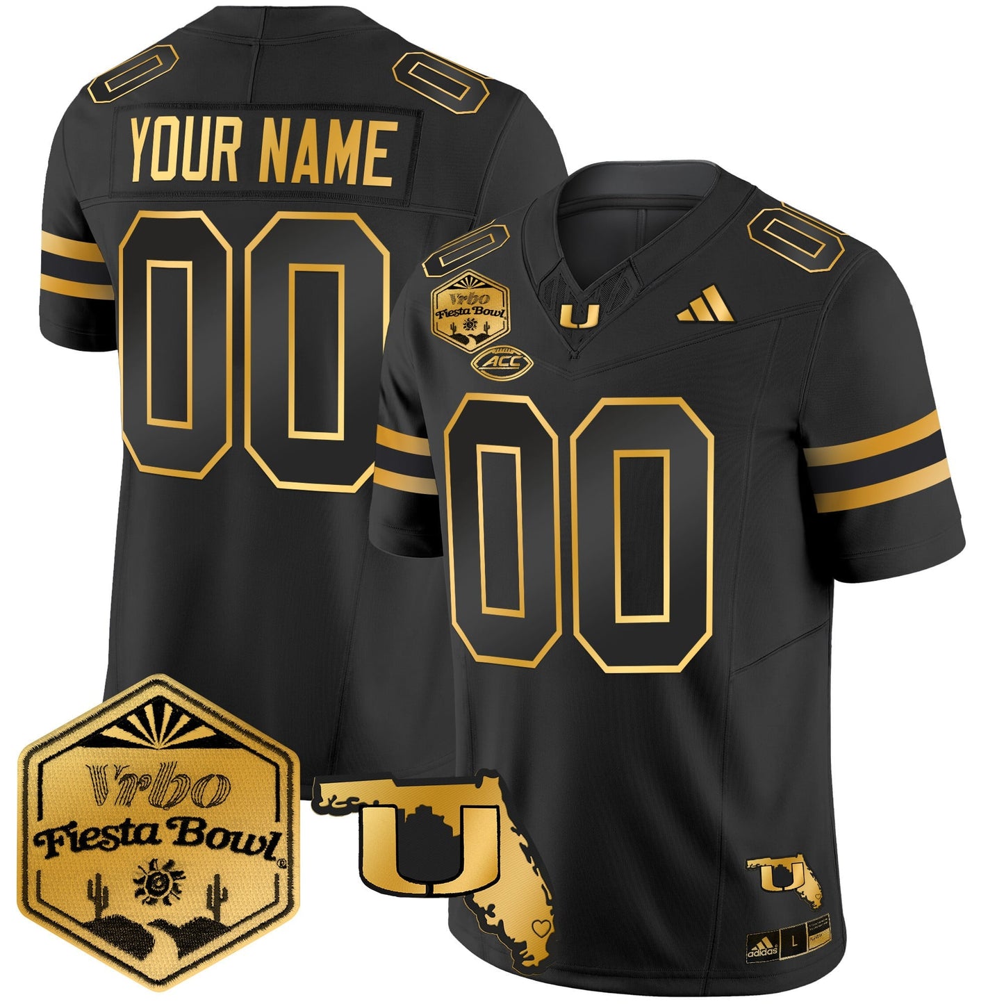 Miami Hurricanes 2026 The Fiesta Bowl & Florida Patch Gold Vapor Limited Custom Jersey - All Stitched