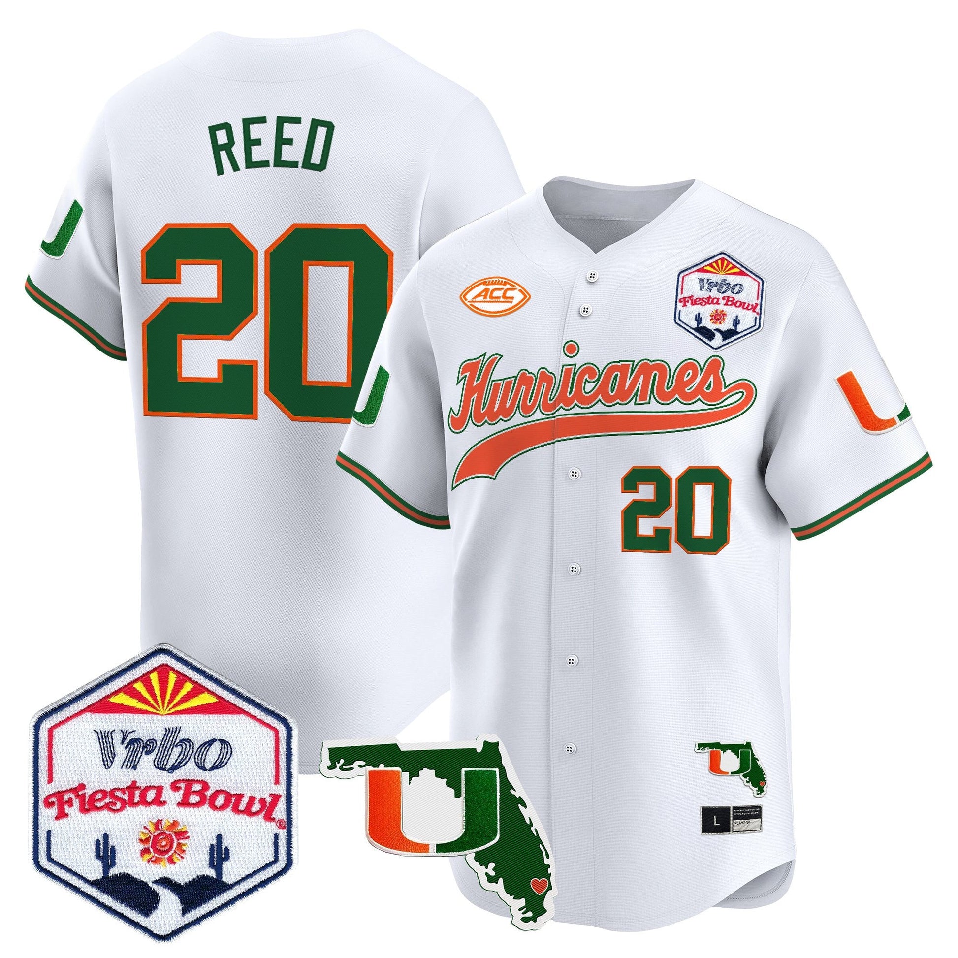 Men's Miami Hurricanes 2026 The Fiesta Bowl & Florida Patch Vapor Baseball Jersey - All Stitched