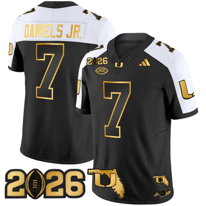 Men's Miami Hurricanes 2026 CFP Final & Florida Patch Gold Vapor Limited Jersey - All Stitched