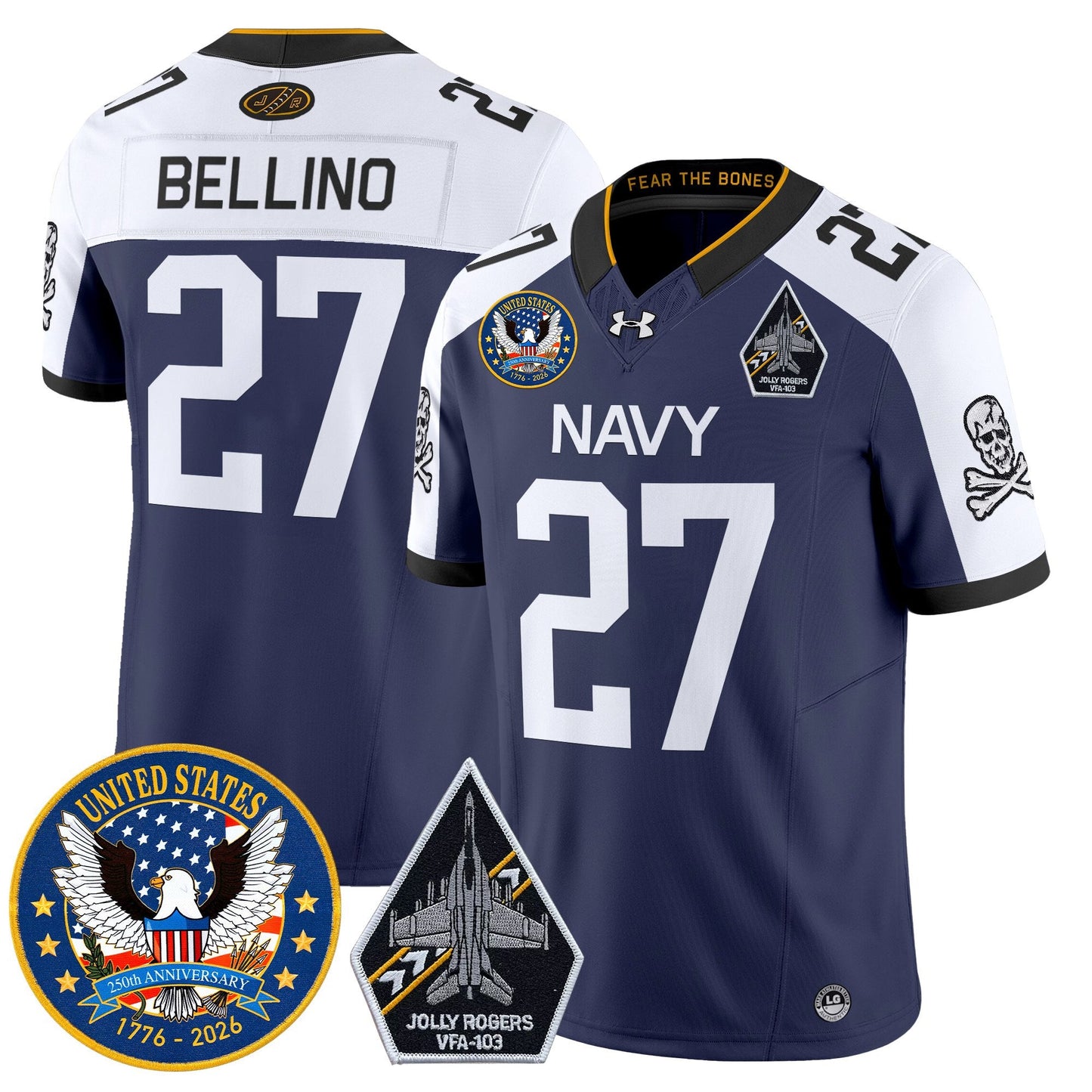 Men's Navy Midshipmen "United States 250th Anniversary Patch" Vapor Limited Jersey - Jolly Rogers Edition - All Stitched