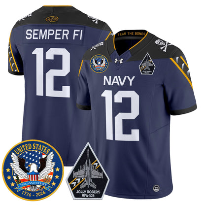 Men's Navy Midshipmen "United States 250th Anniversary Patch" Vapor Limited Jersey - Jolly Rogers Edition - All Stitched