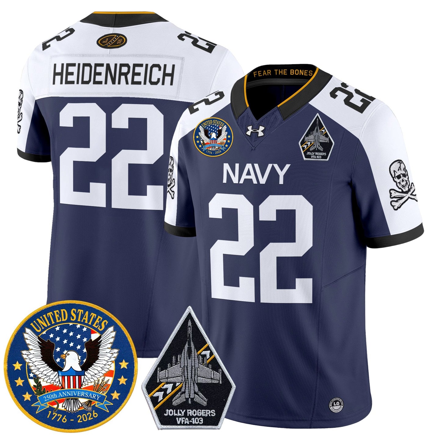 Men's Navy Midshipmen "United States 250th Anniversary Patch" Vapor Limited Jersey - Jolly Rogers Edition - All Stitched