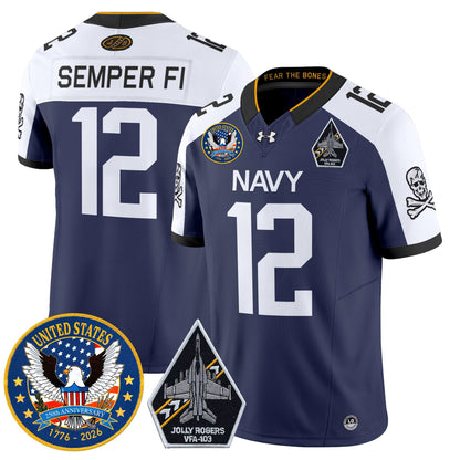 Men's Navy Midshipmen "United States 250th Anniversary Patch" Vapor Limited Jersey - Jolly Rogers Edition - All Stitched