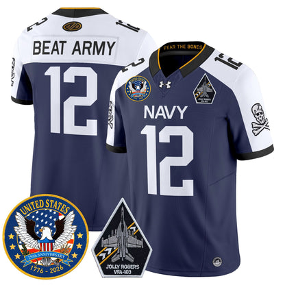 Men's Navy Midshipmen "United States 250th Anniversary Patch" Vapor Limited Jersey - Jolly Rogers Edition - All Stitched