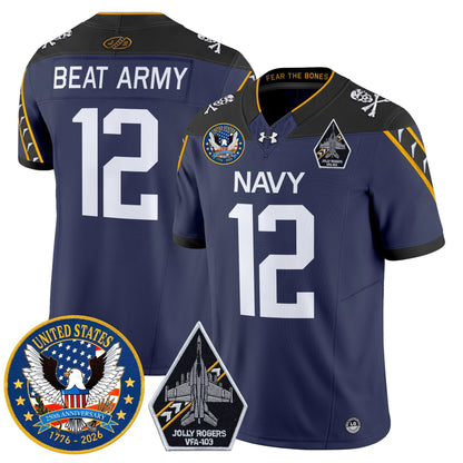 Men's Navy Midshipmen "United States 250th Anniversary Patch" Vapor Limited Jersey - Jolly Rogers Edition - All Stitched