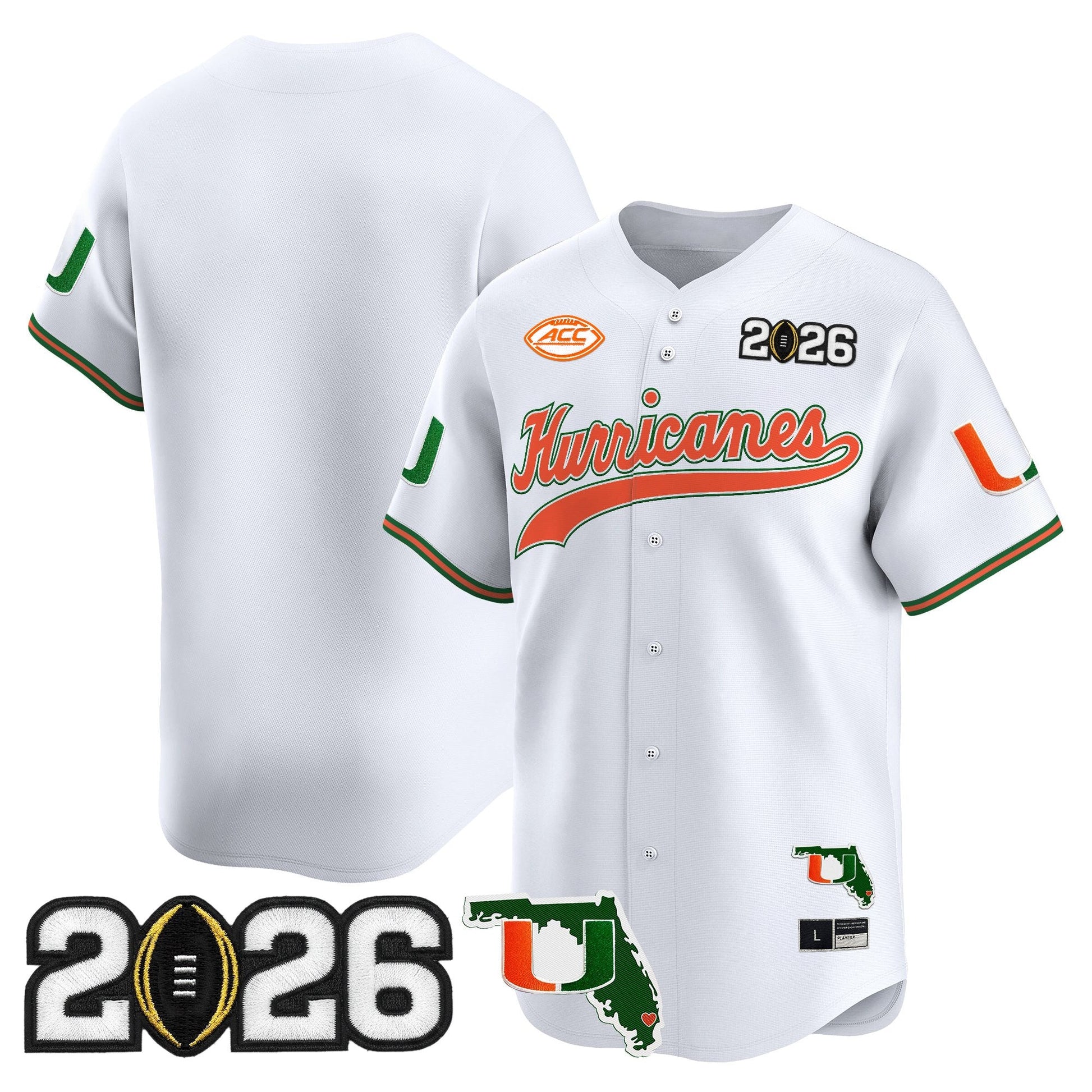 Men's Miami Hurricanes 2026 CFP Final & Florida Patch Vapor Baseball Jersey - All Stitched