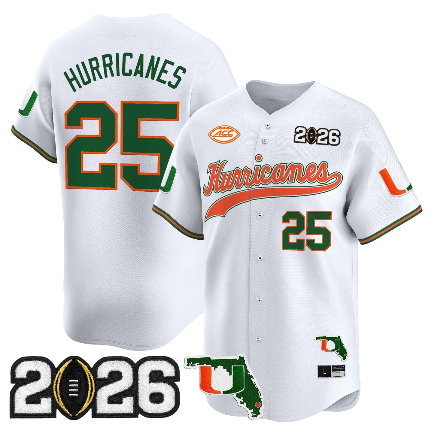 Men's Miami Hurricanes 2026 CFP Final & Florida Patch Vapor Baseball Jersey - All Stitched