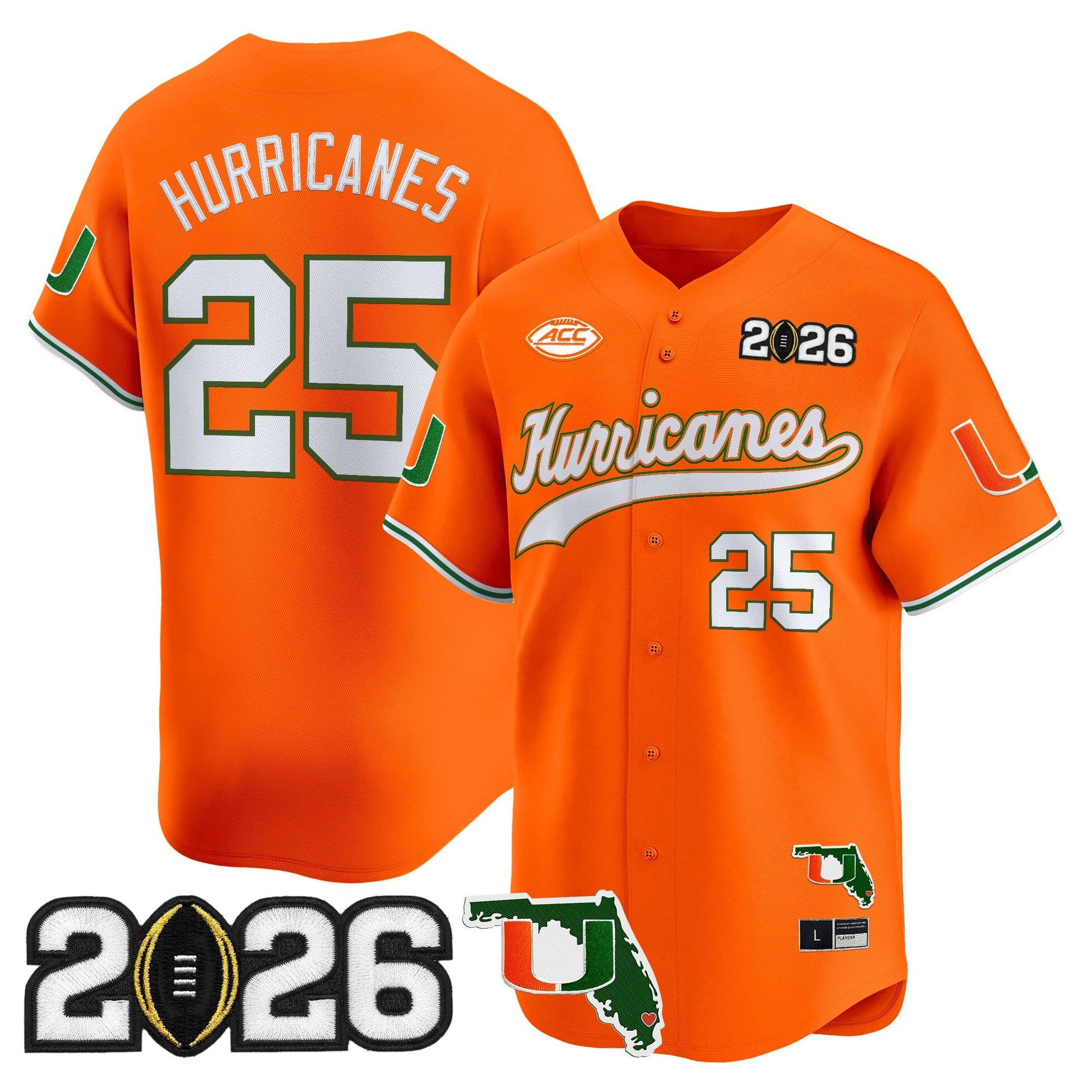 Men's Miami Hurricanes 2026 CFP Final & Florida Patch Vapor Baseball Jersey - All Stitched