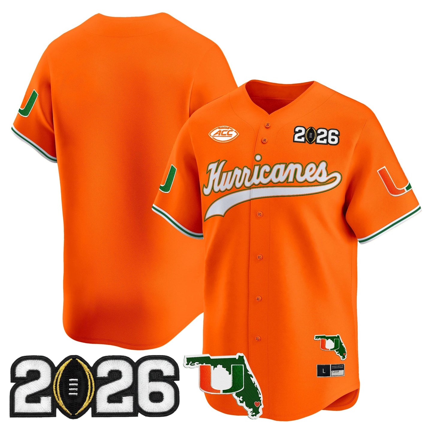 Men's Miami Hurricanes 2026 CFP Final & Florida Patch Vapor Baseball Jersey - All Stitched