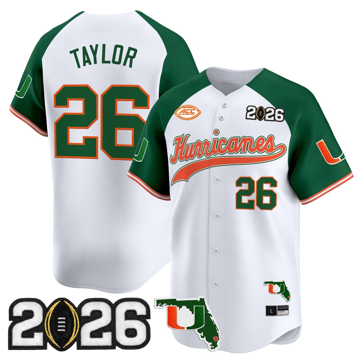Men's Miami Hurricanes 2026 CFP Final & Florida Patch Vapor Baseball Jersey - All Stitched