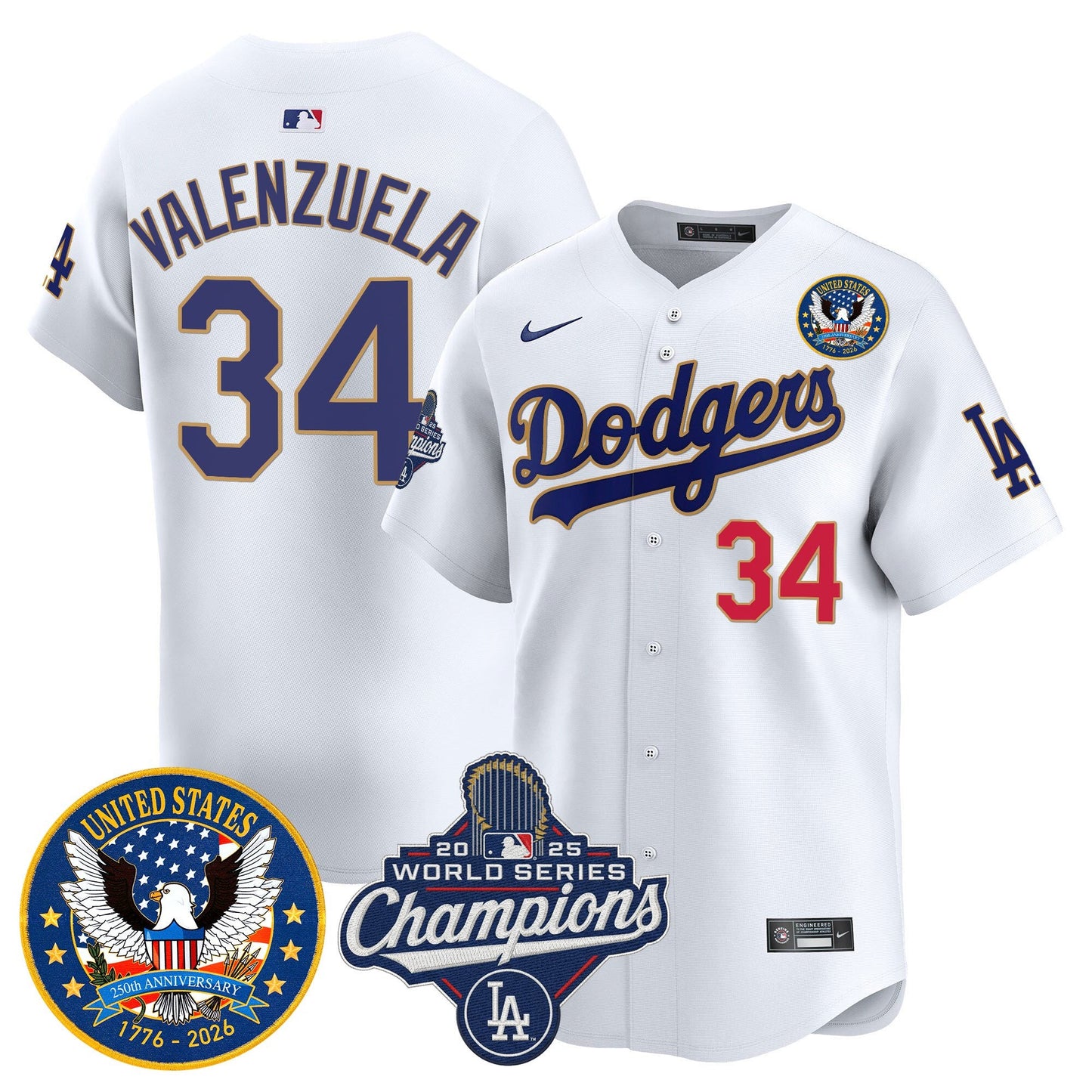 Men's Dodgers 2025 World Series Champions & America 250th Patch Vapor Premier Limited Jersey - All Stitched