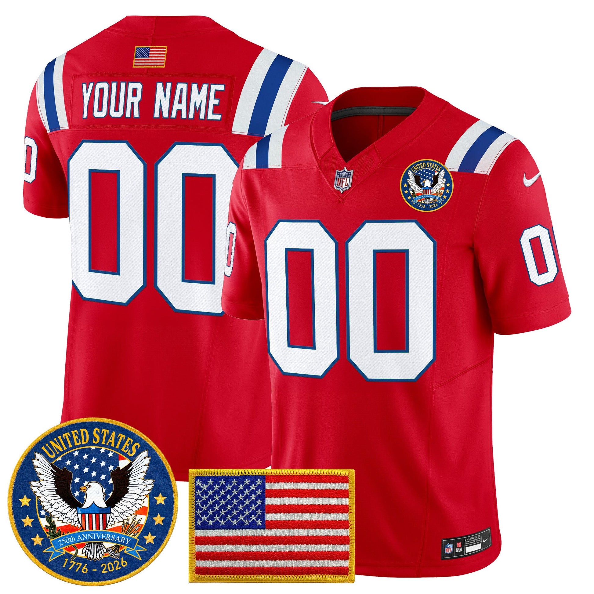 New England Patriots "United States 250th Anniversary Patch" Vapor Limited Custom Jersey - All Stitched